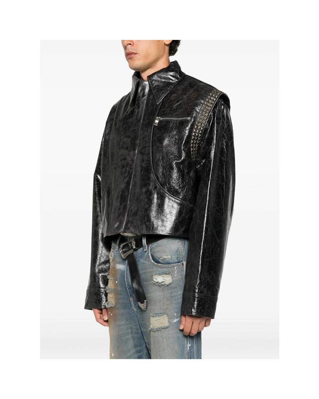 SEKRIT Black Stud-Embellished Leather Jacket for men