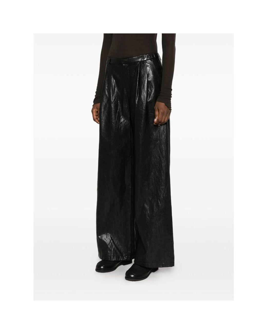 ELEH Black Pleated Leather Palazzo Pants