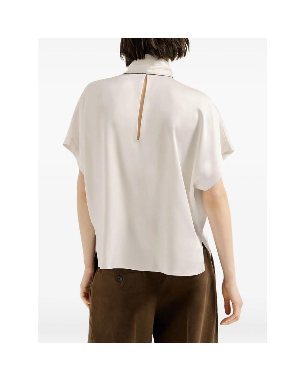 Brunello Cucinelli Natural Silk Satin High-Neck T-Shirt With Monili