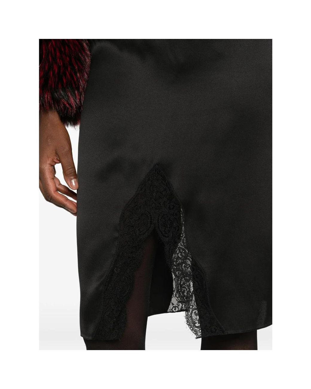 Saint Laurent Black Lace-Trim Satin Midi Skirt