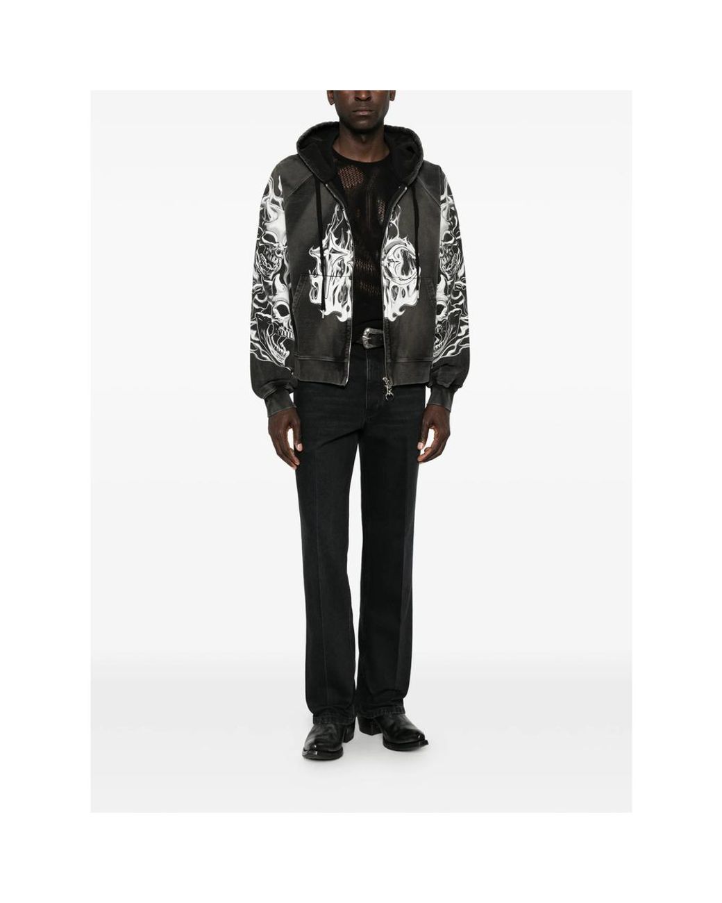 THUG CLUB Black Graphic-Print Zip-Up Hoodie for men