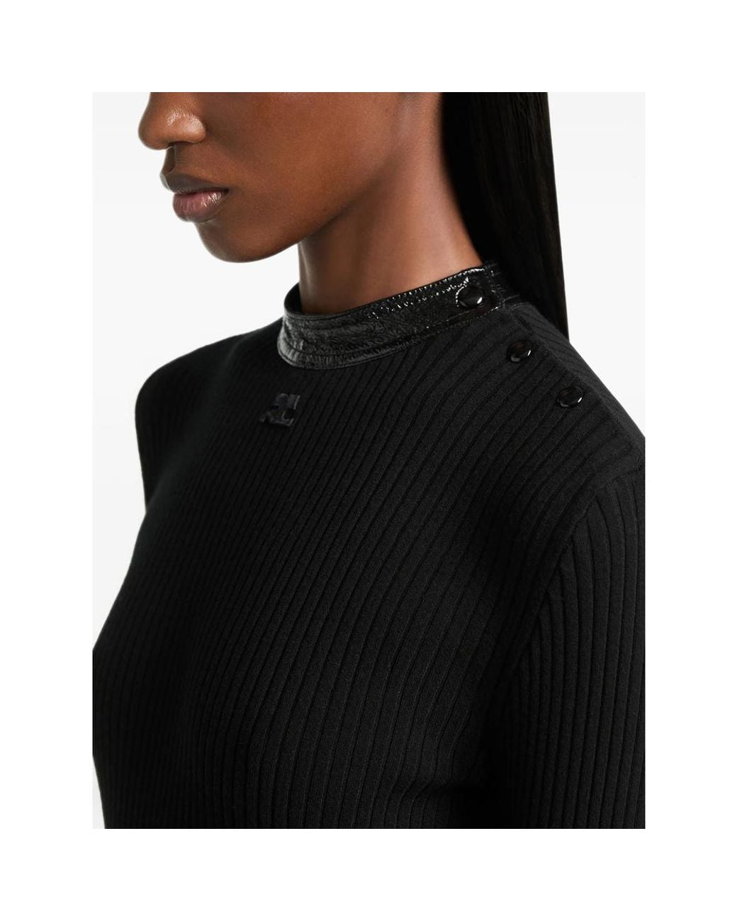 Courreges Black Vinyl Collar Ribbed Knit Sweater
