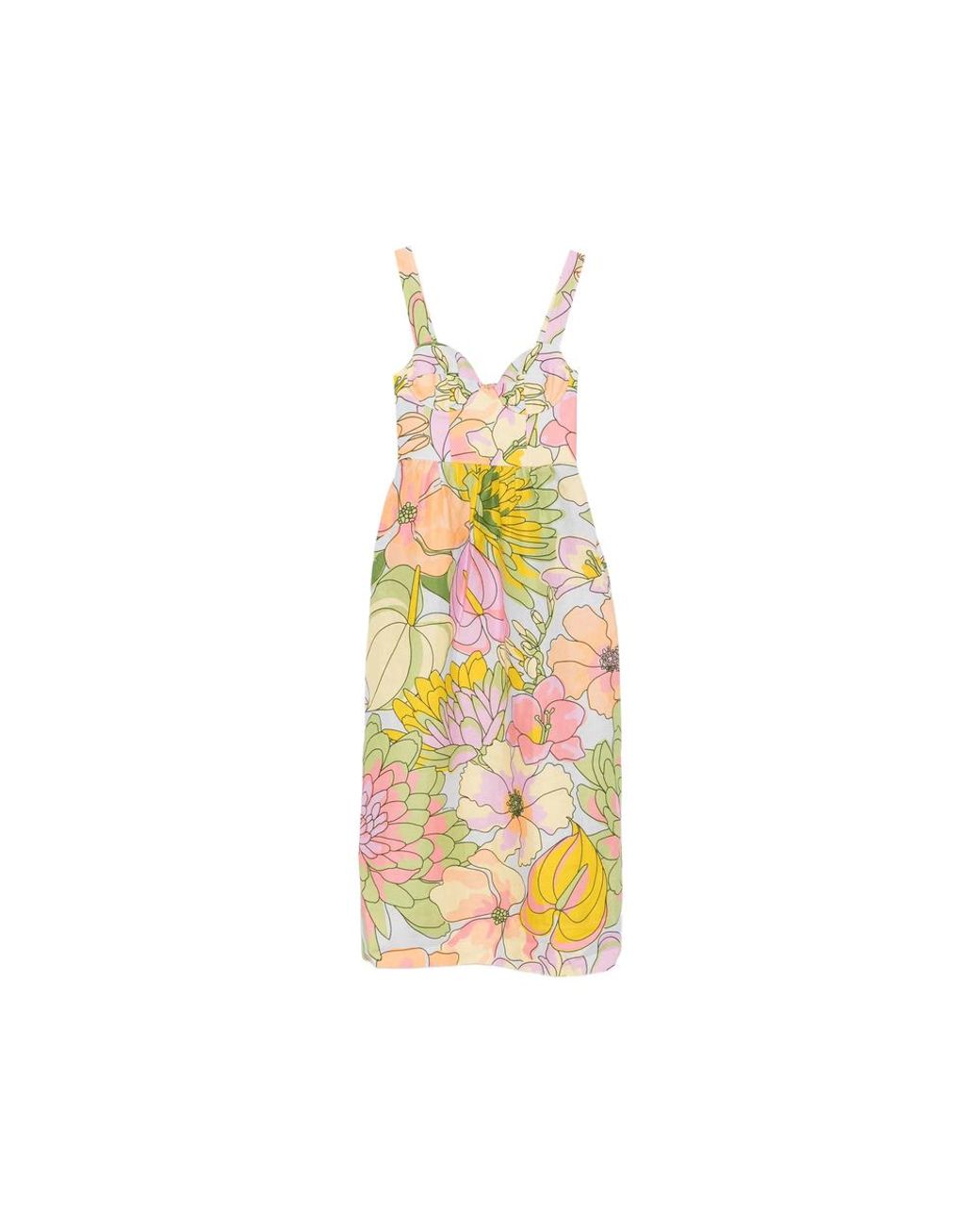 Farm Rio Yellow Spring Affair Floral-Print Sweetheart-Neck Midi Dress