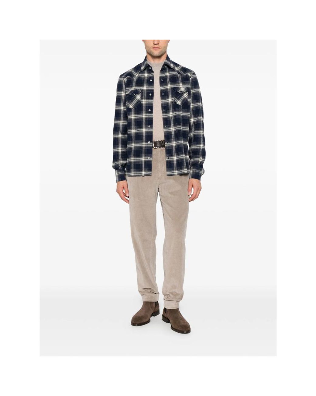 Barba Napoli Blue Check-Pattern Western-Style Shirt for men