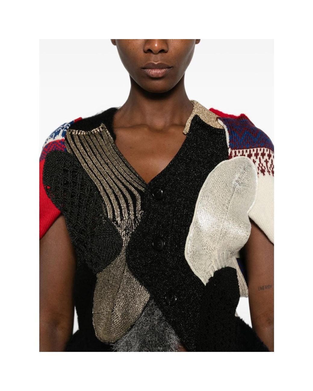Junya Watanabe Black Mixed-Material Patchwork Cardigan