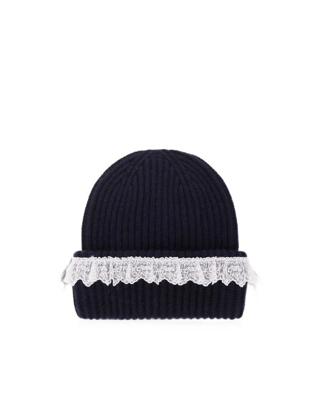Ganni Blue Lace-Trim Ribbed Beanie Hat