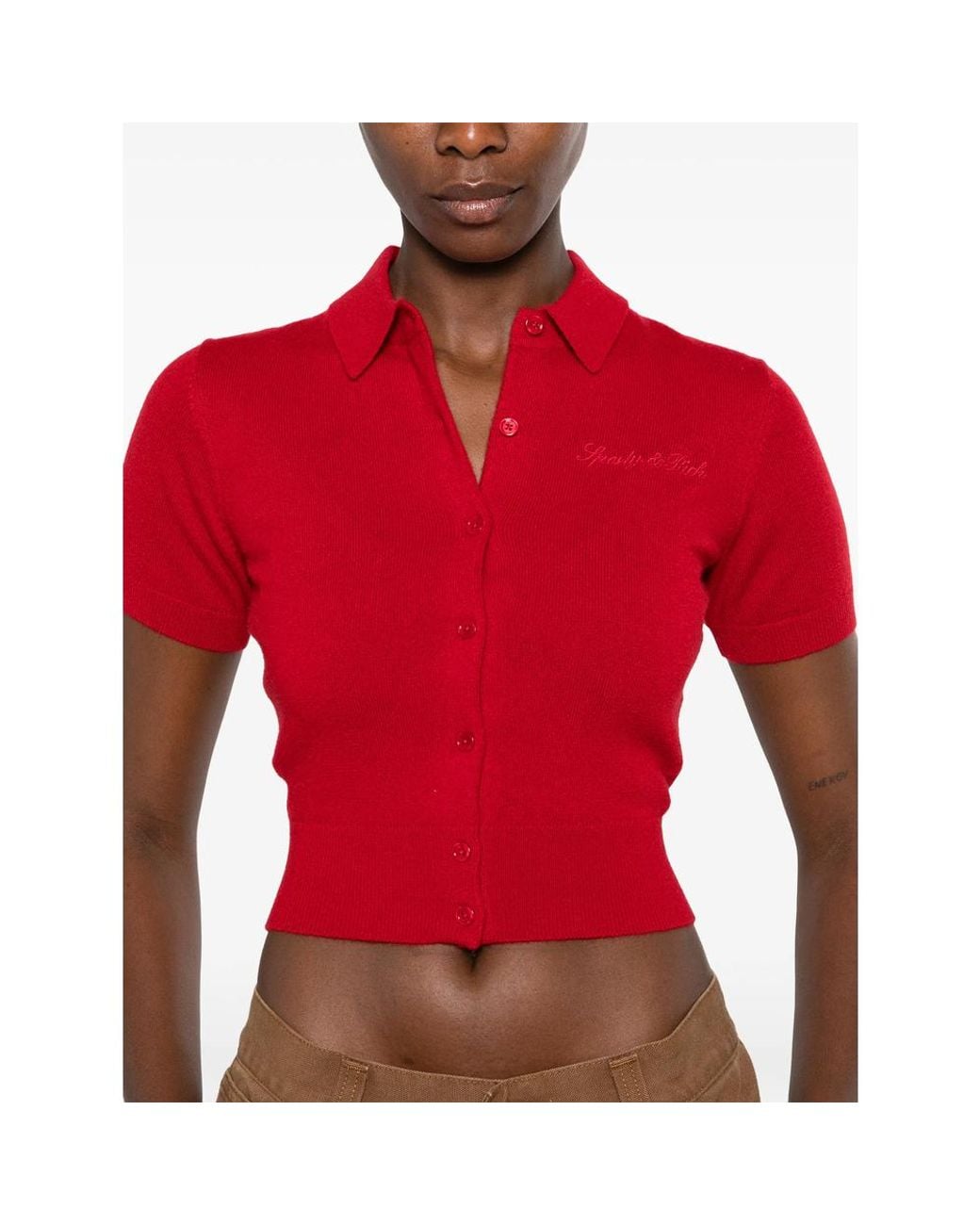 Sporty & Rich Red Jannie Short-Sleeve Button-Up Cardigan