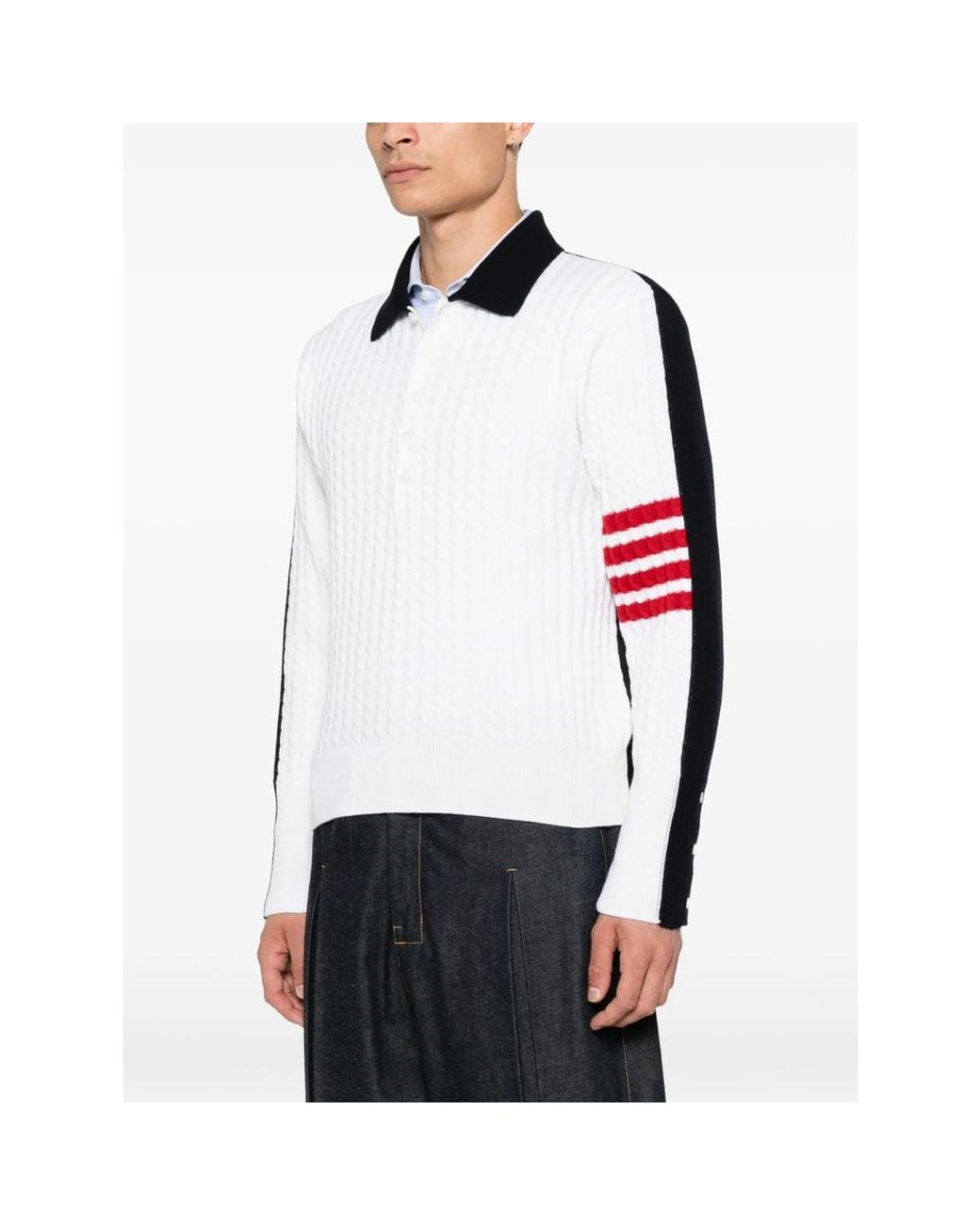 Thom Browne Black Baby Cable Stitch 4-Bar Long Sleeve Polo for men