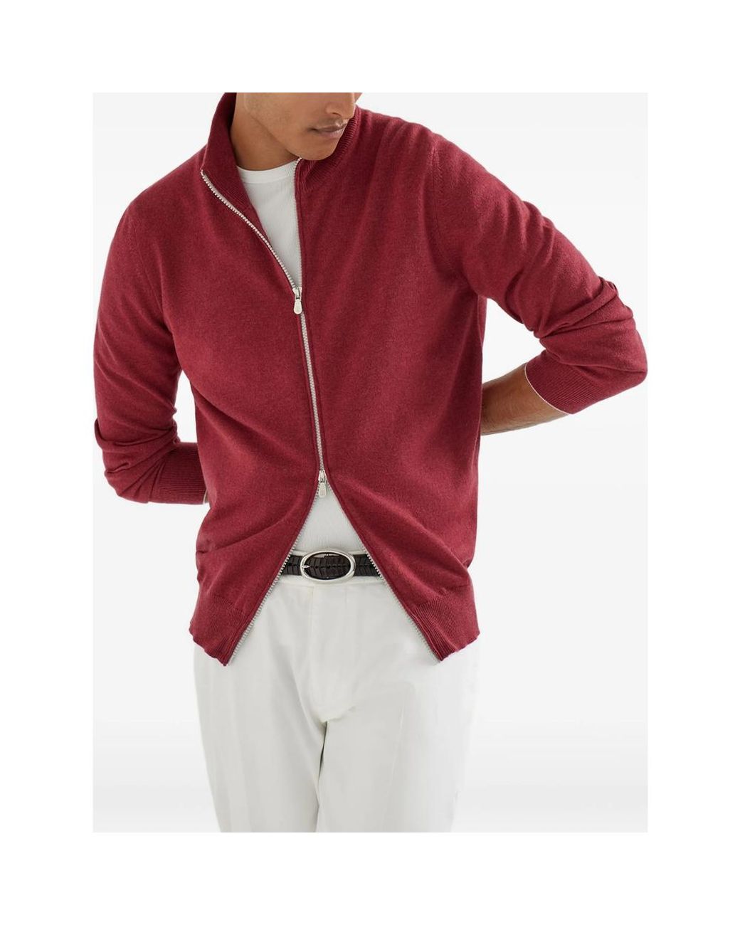 Brunello Cucinelli Red Cashmere Turtleneck Cardigan With Zipper for men