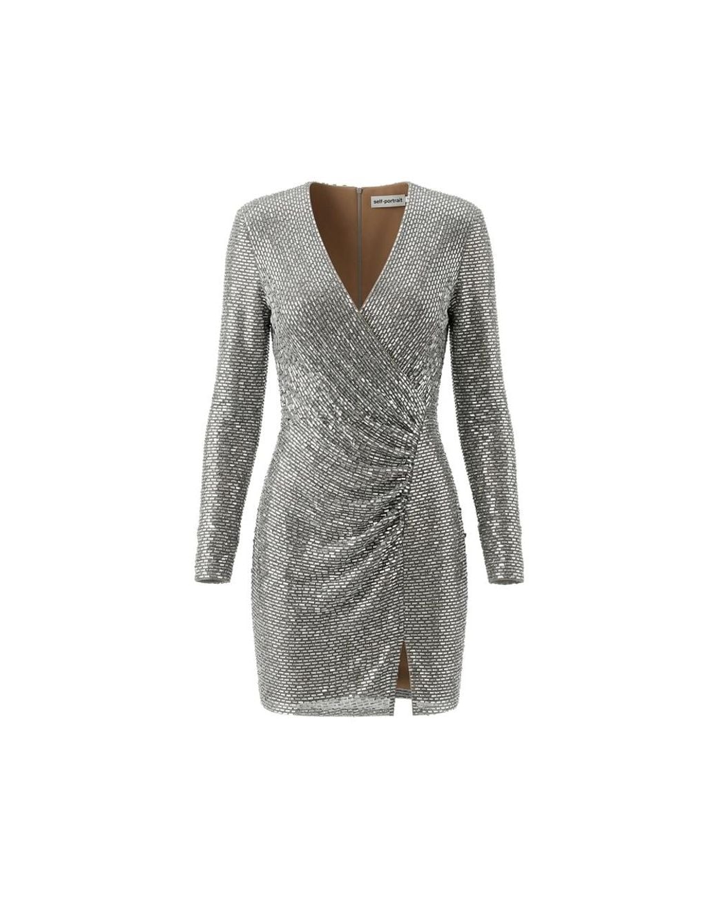Self-Portrait Gray Rhinestone-Embellished Wrap-Style Dress