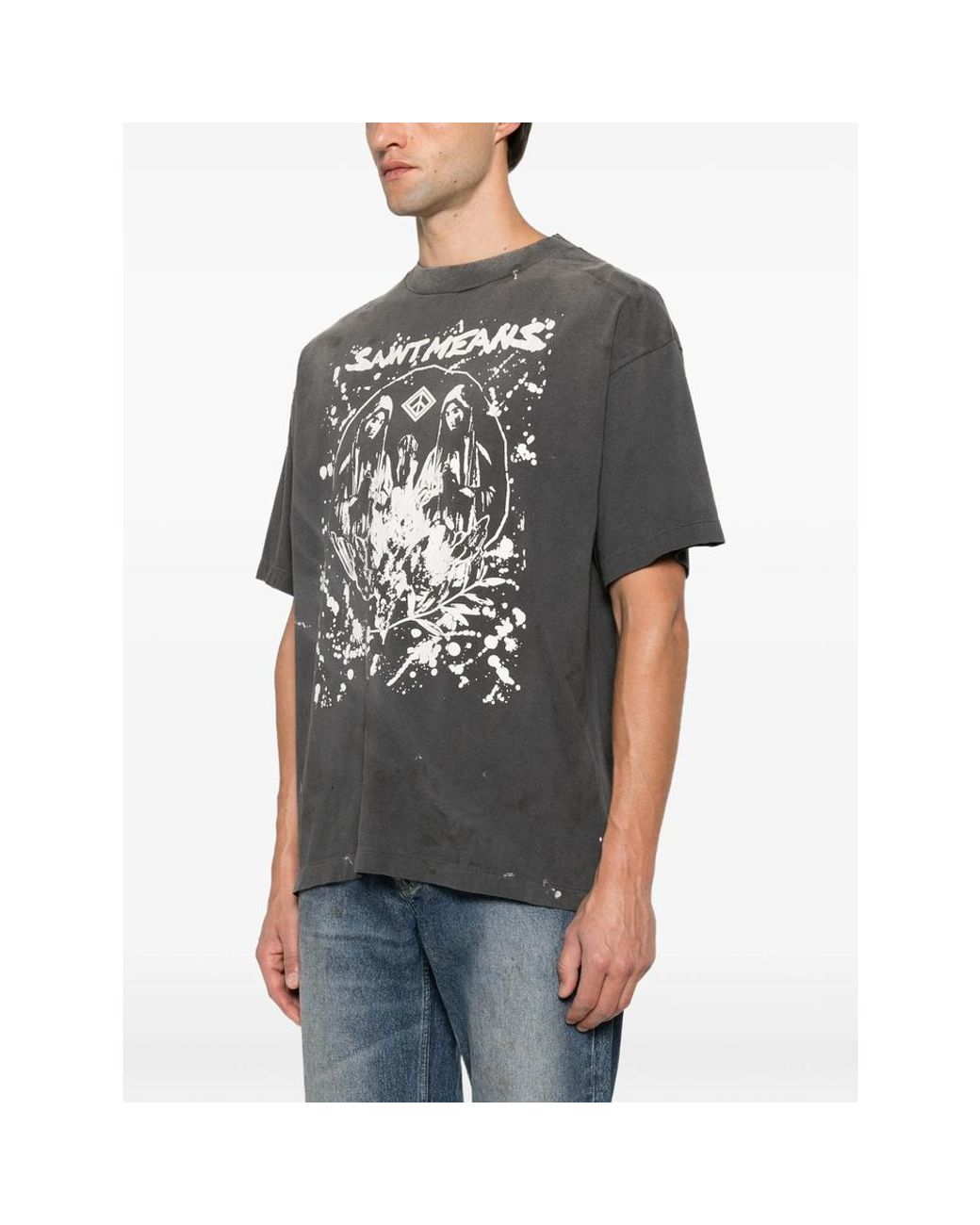 SAINT Mxxxxxx Black Graphic-Print Distressed T-Shirt for men