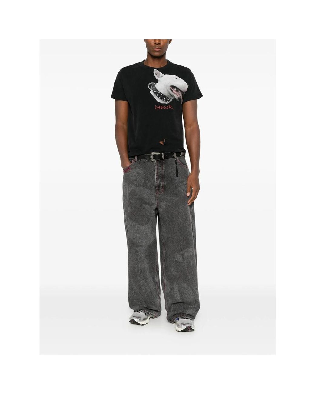 DAGGER Gray Embroidered Acid-Wash Jeans for men