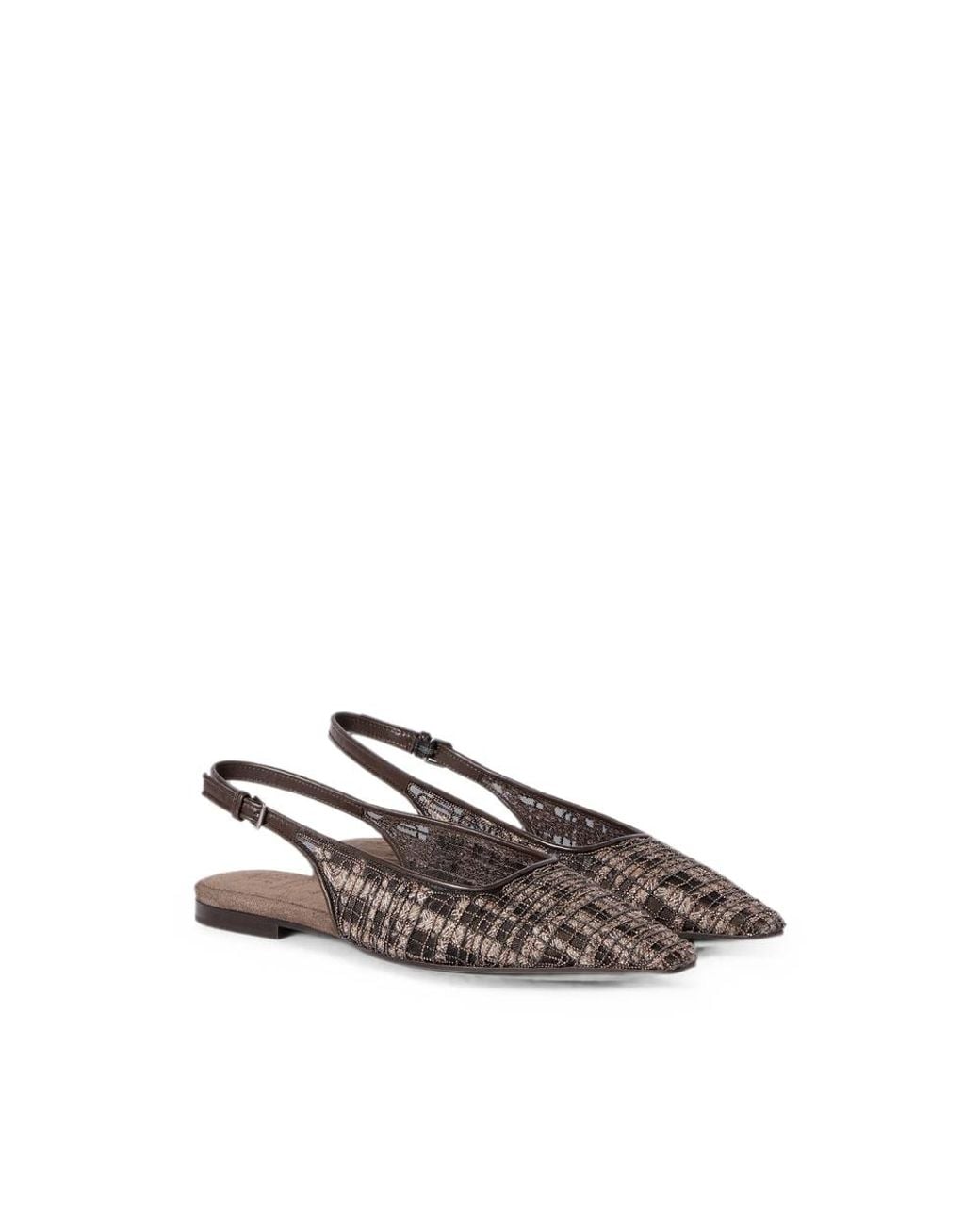 Brunello Cucinelli Brown Precious Check Embroidery Slingback Flats