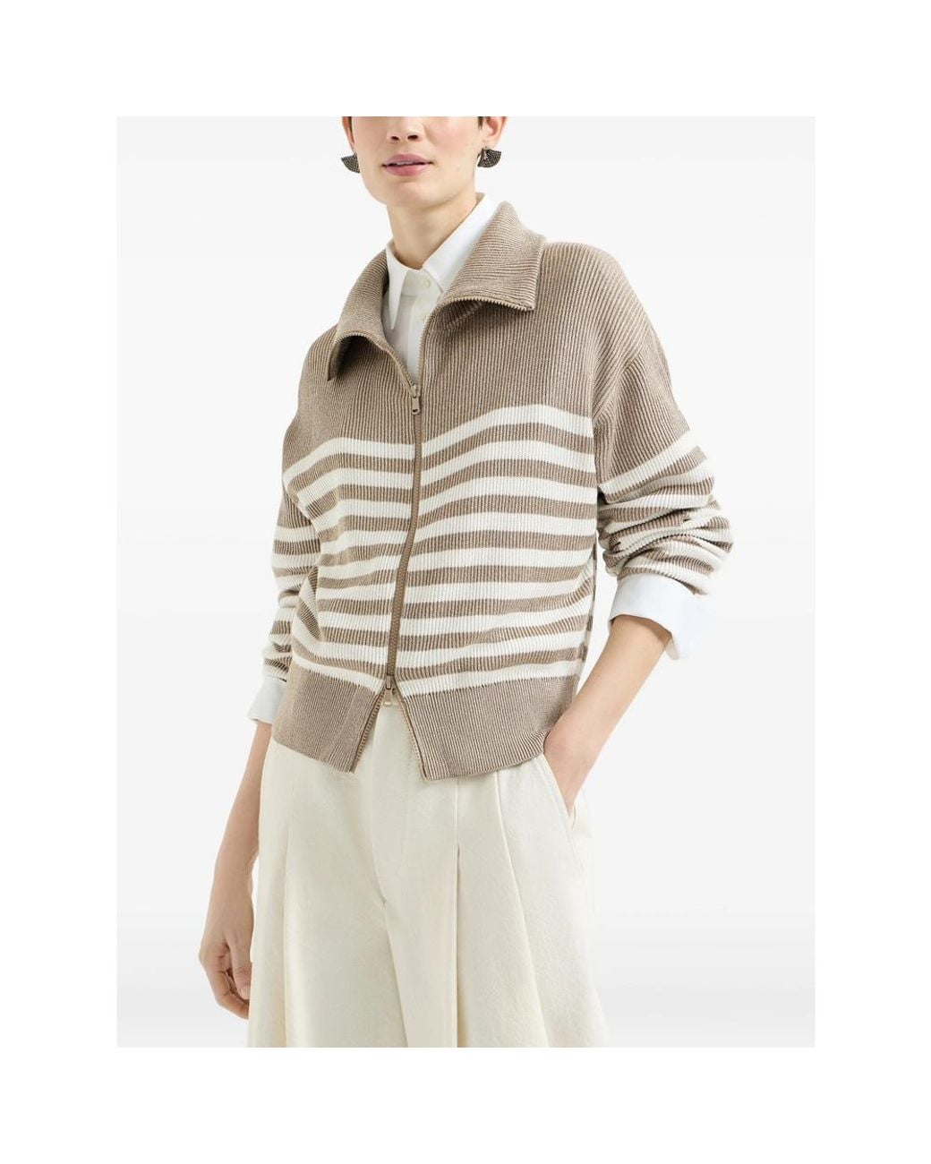 Brunello Cucinelli Natural Sparkling Cotton Striped English Rib Cardigan With Zipper And Monili