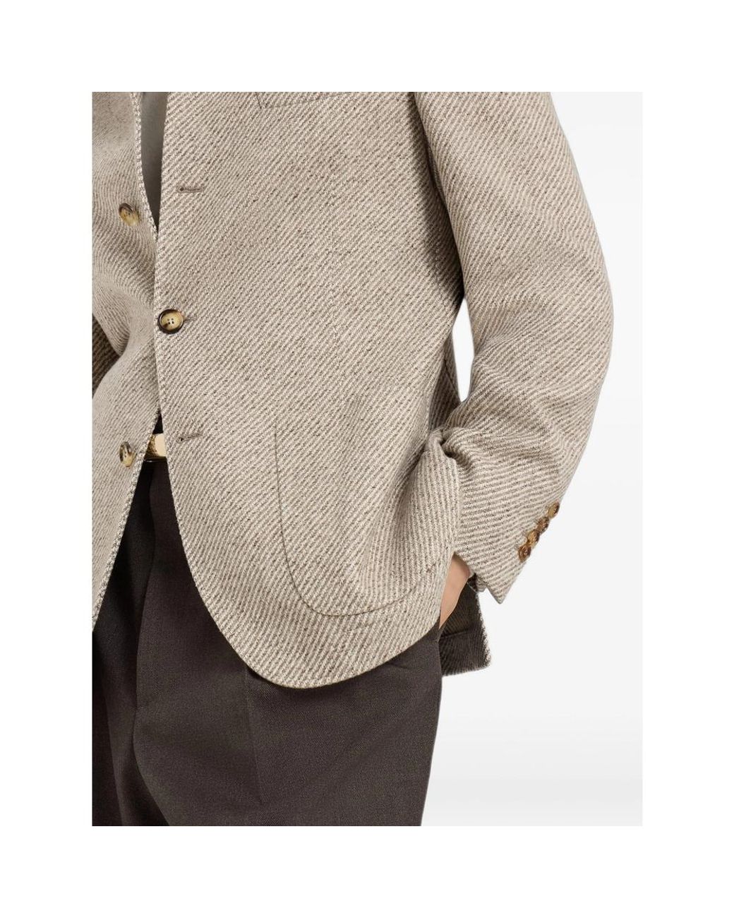 Brunello Cucinelli Natural Cashmere And Silk Diagonal Outerwear Blazer With Patch Pockets for men