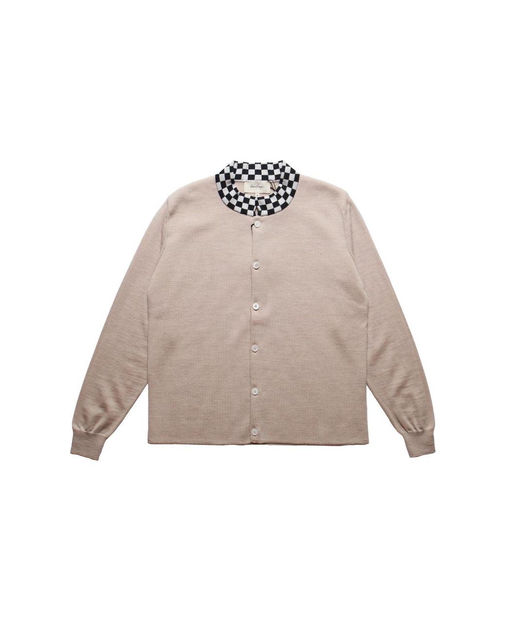 Second Layer Natural Checkered Crew Collar Button Up Knit for men