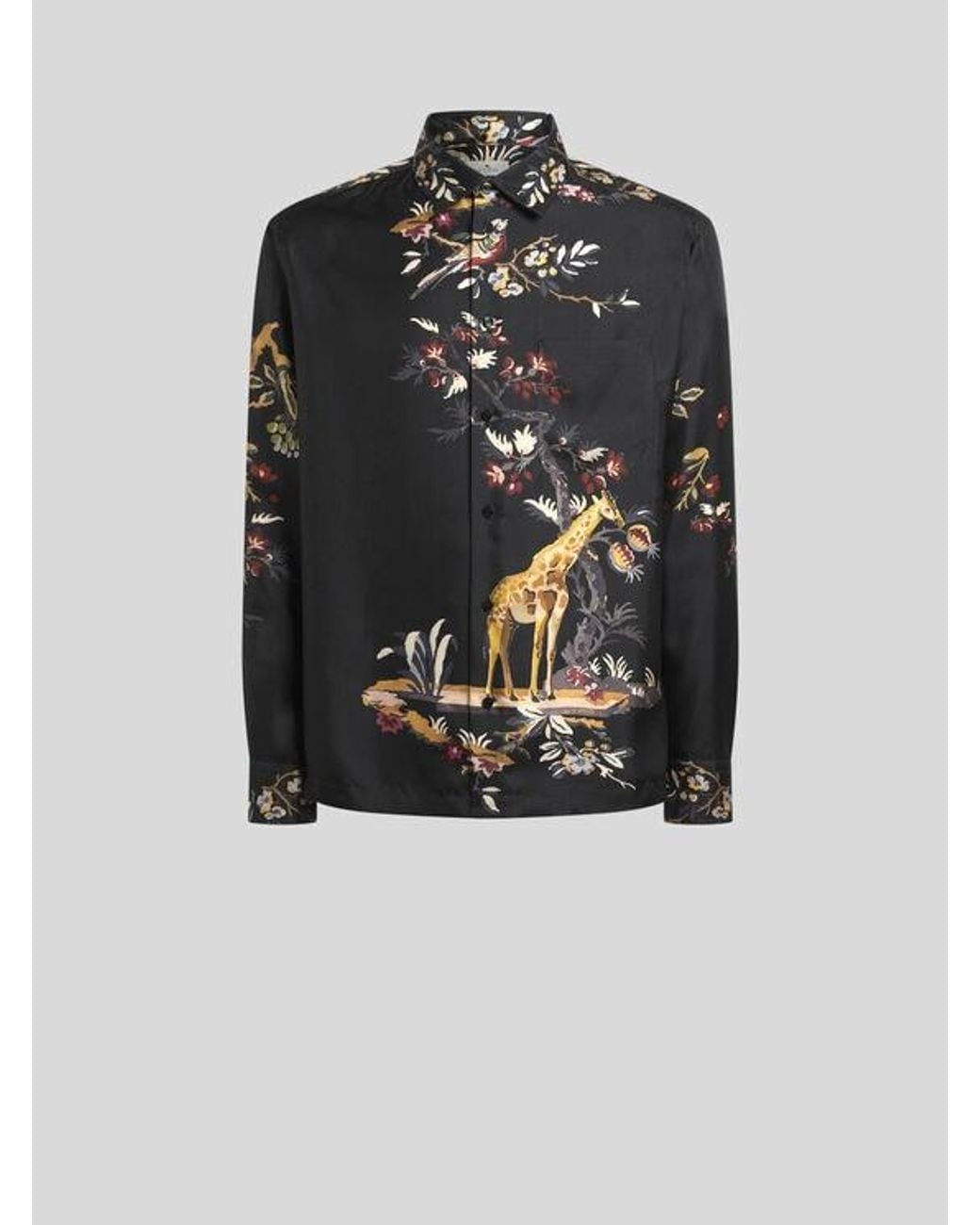 Etro Black Silk Twill Shirt With Placed Flower And Animal Print for men