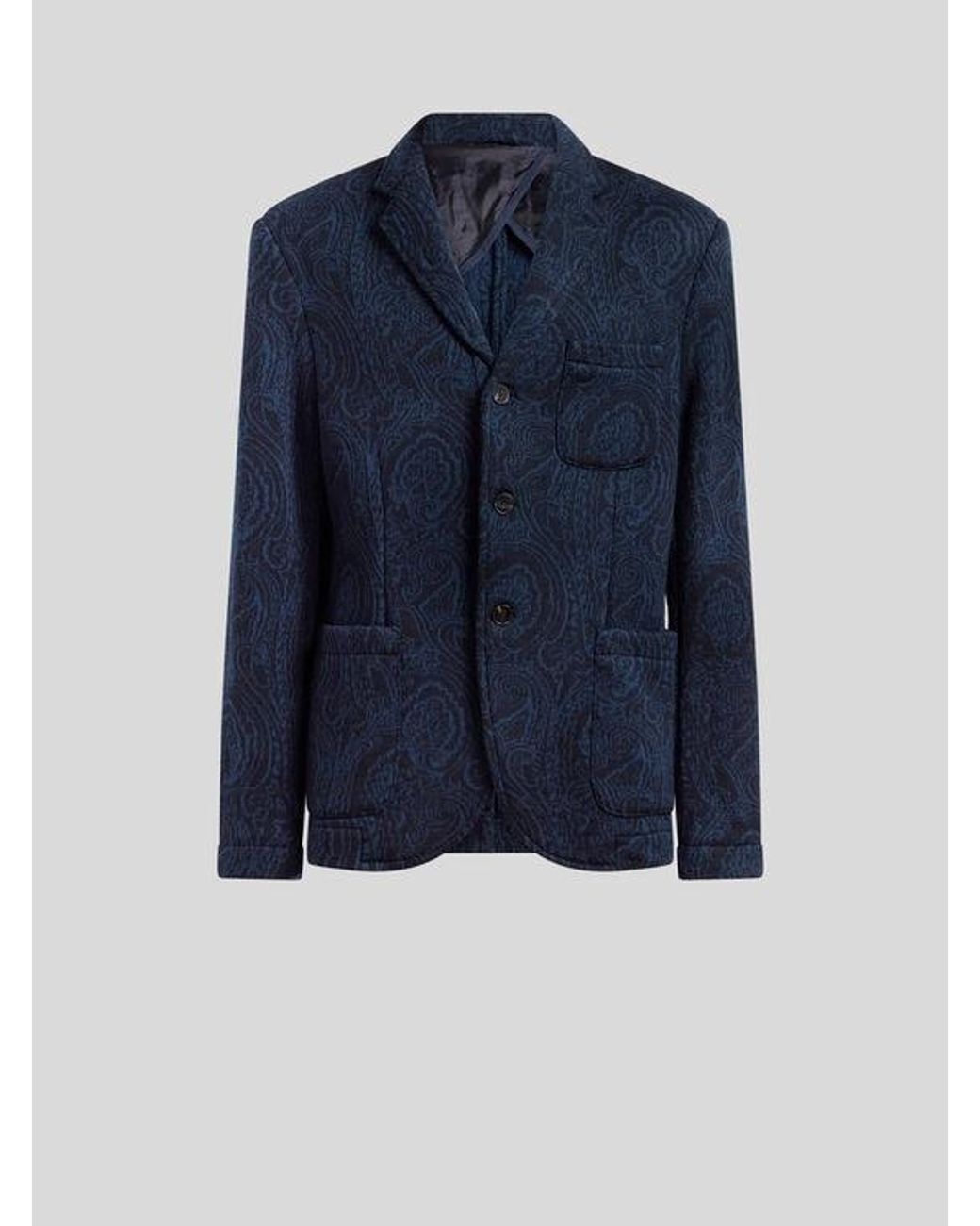 Etro Blue Single-Breasted Wool-Blend Jacquard Jacket With Arnica Motif for men