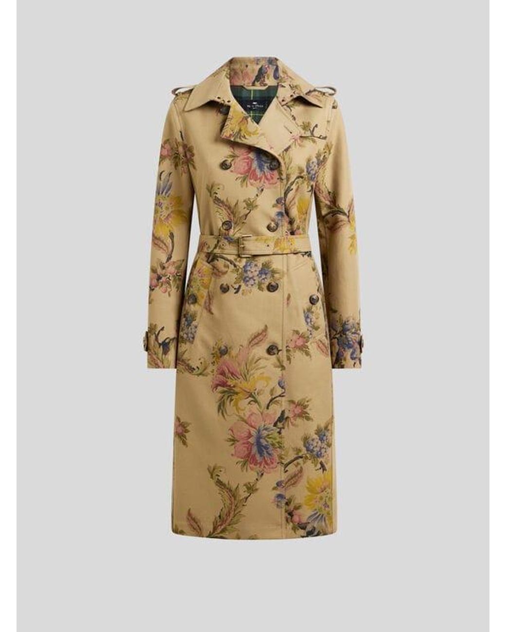 Etro Metallic Cotton Gabardine Trench Coat With Floral Motif
