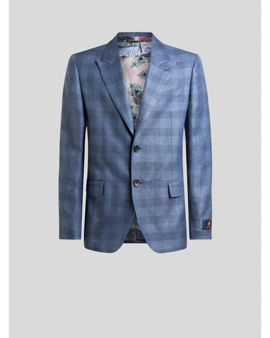 Etro Blue Single-Breasted Linen-Blend Jacquard Jacket With Check Motif for men