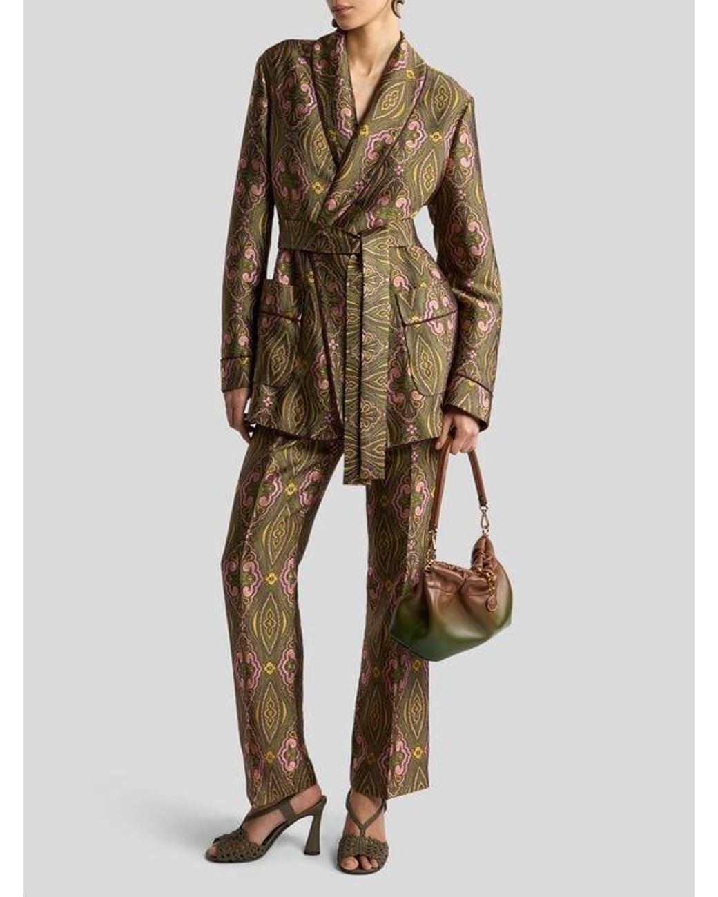 Etro Natural Jacquard Trousers With Floral Medallion Motif