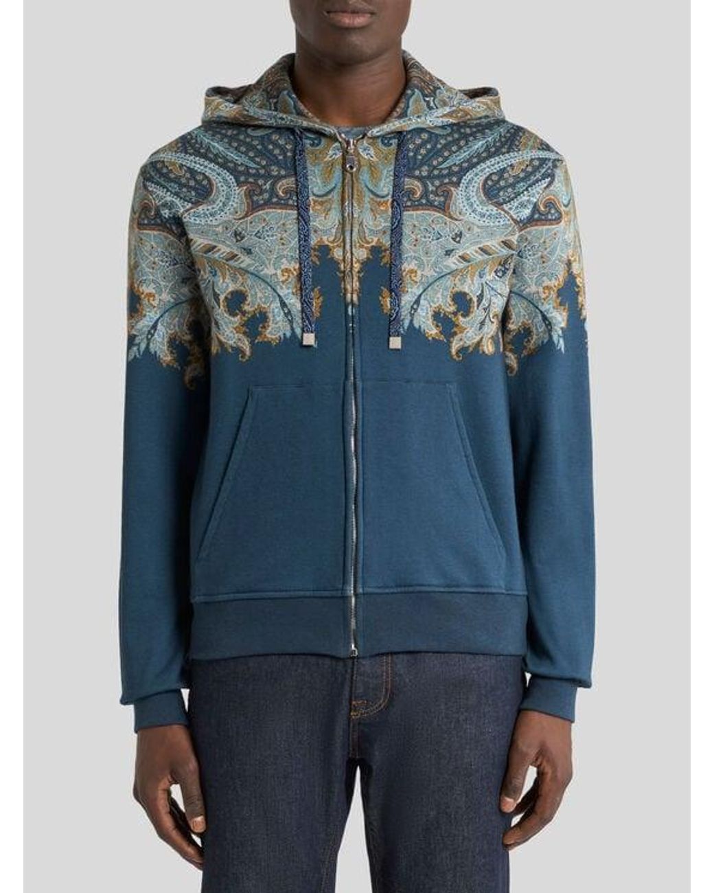 Etro Blue Cotton-Blend Hooded Sweatshirt With Placed Paisley Pochette Print for men