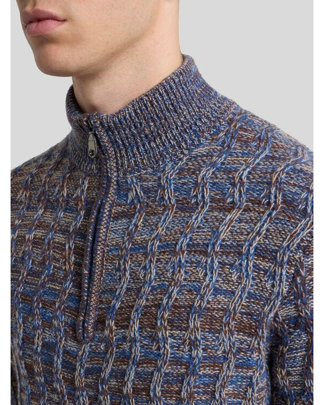 Etro Blue Cable-Knit Cashmere Sweater With Zip for men