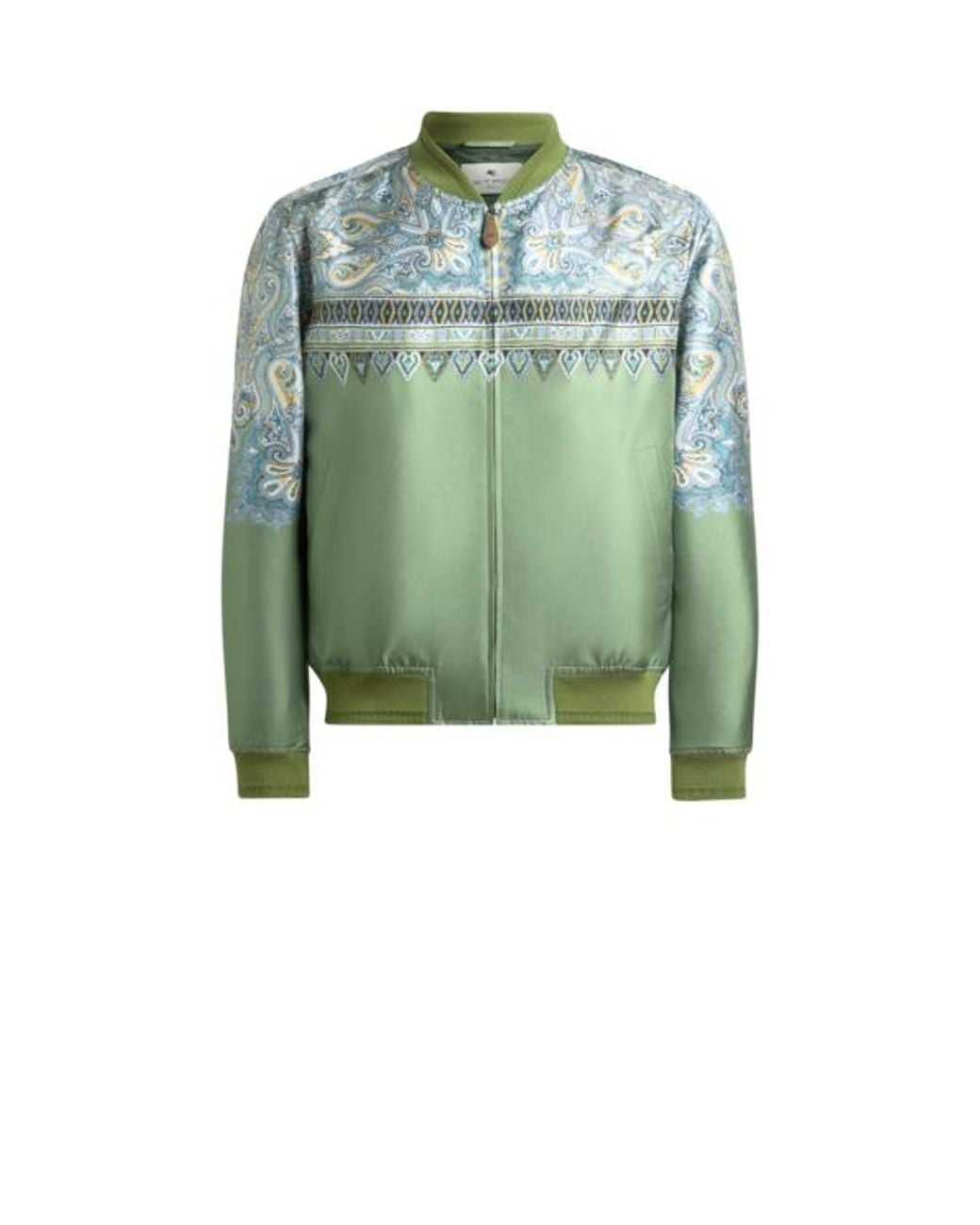 Etro Green Silk Bomber Jacket With Placed Pocket-Square Paisley Print for men