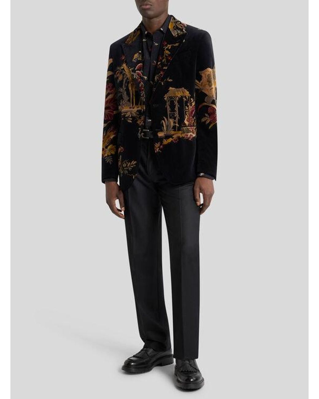 Etro Black Single-Breasted Cotton Velvet Jacket With Placed Flower And Animal Print for men