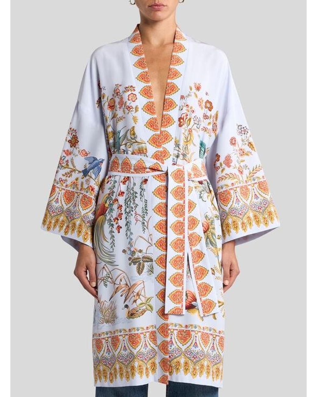 Etro White Silk Kimono With Placed Flora And Fauna Print