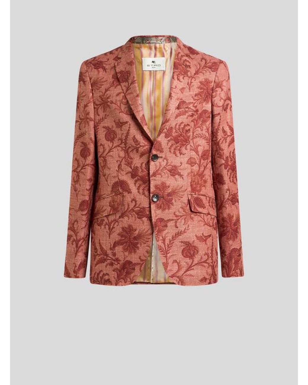 Etro Red Single-Breasted Wool-Blend Jacket With Floral Motif for men