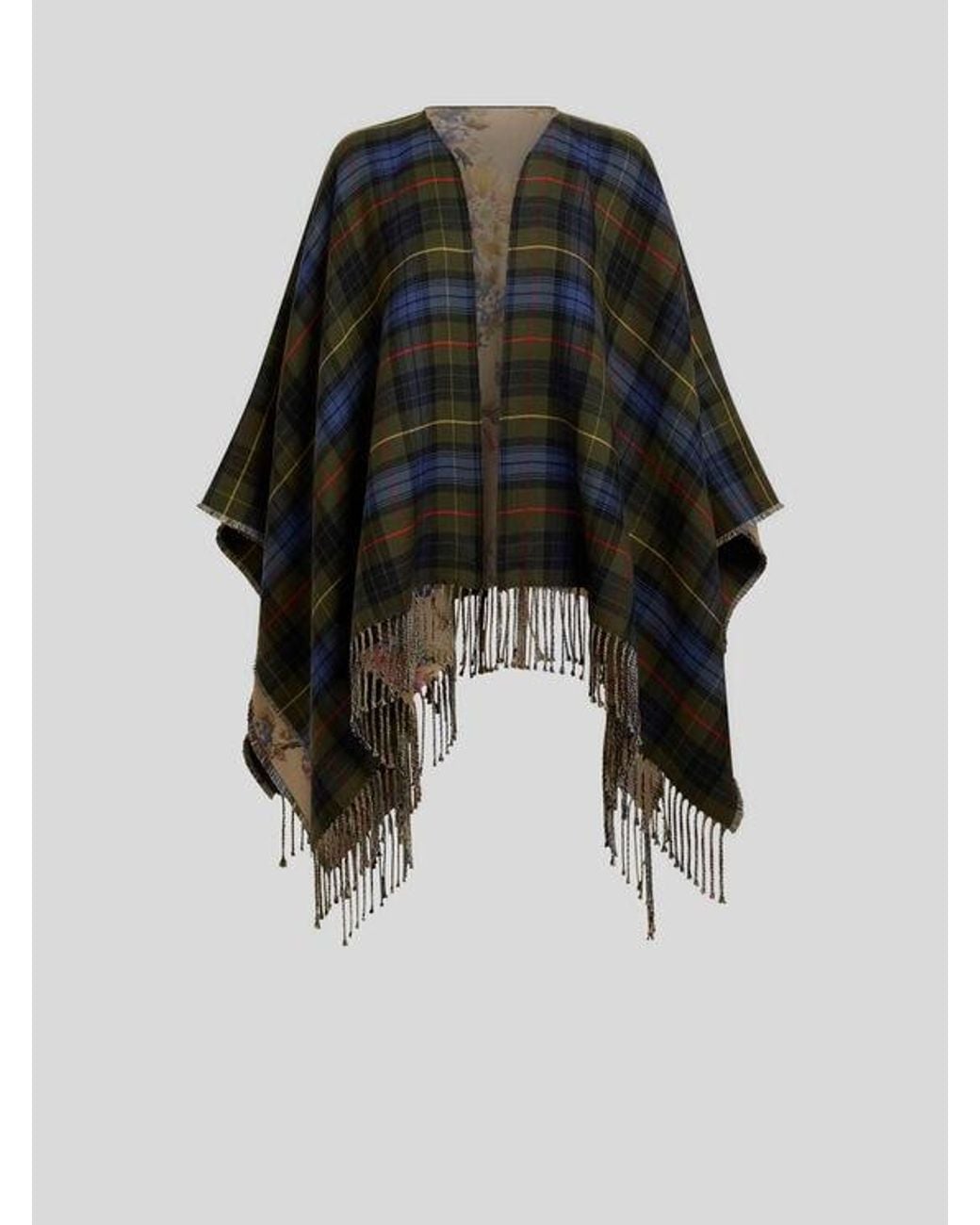 Etro Black Reversible Wool Cape With Fringing