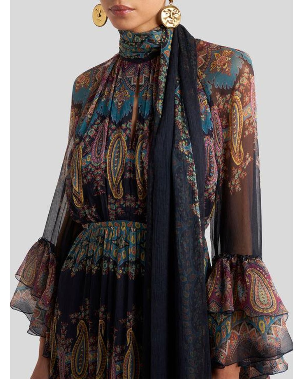 Etro Black Long Silk Dress With Placed Print