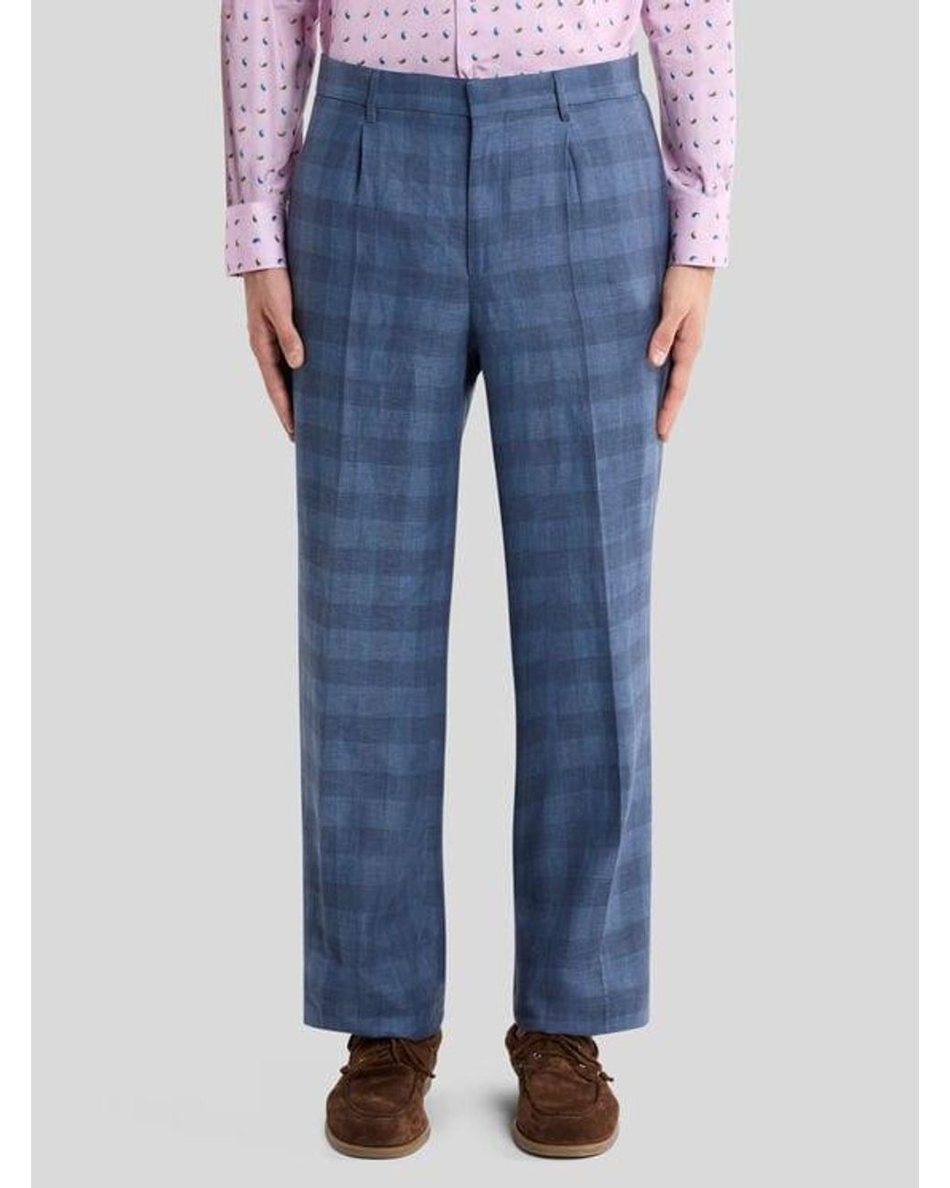 Etro Blue Linen-Blend Jacquard Trousers With Check Motif for men