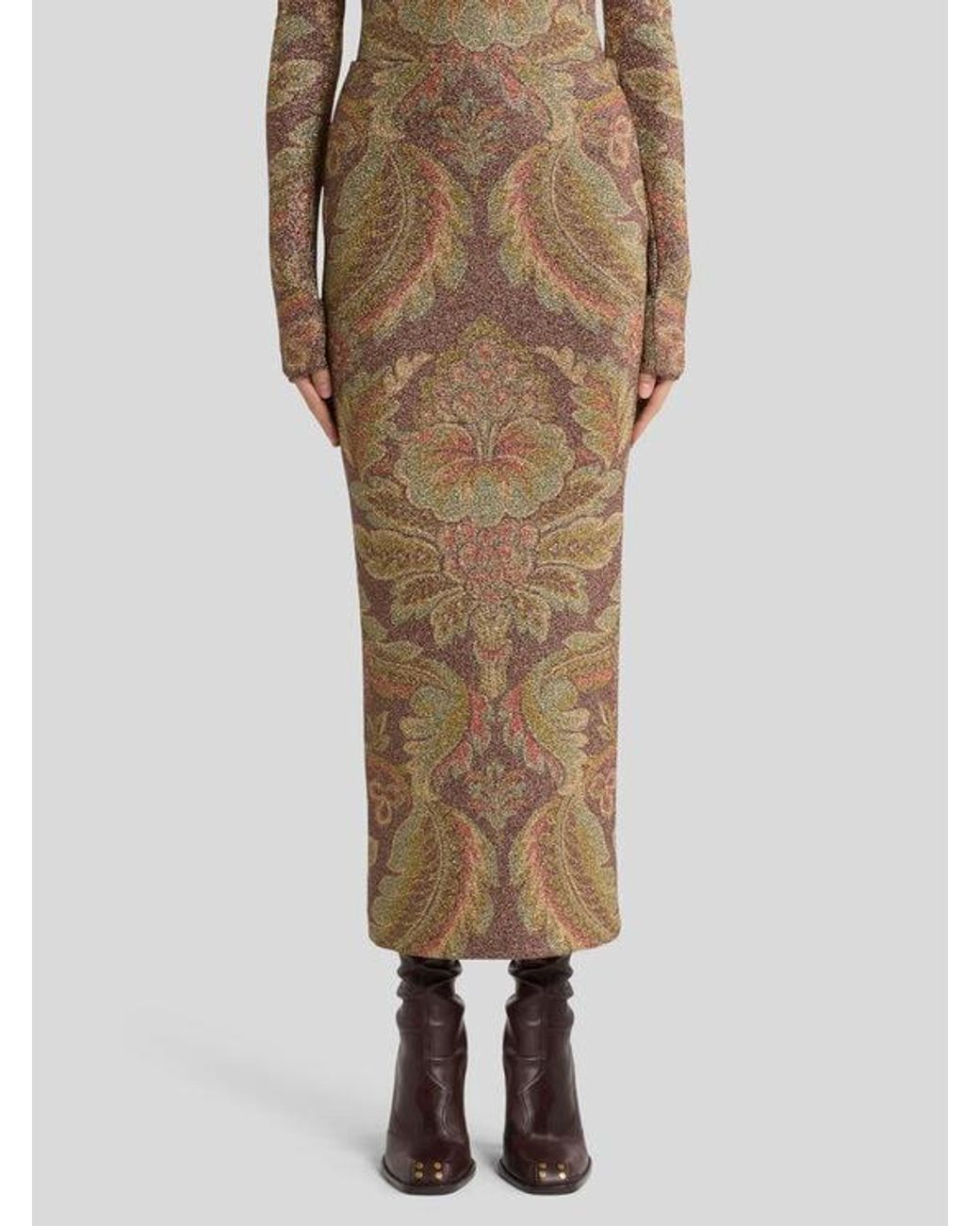 Etro Natural Jersey Midi Skirt With Floral Motif