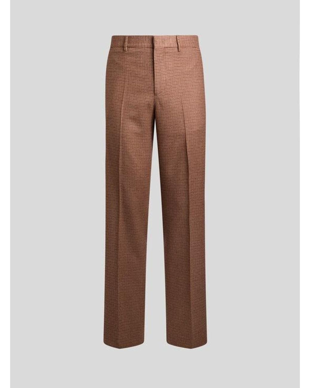 Etro Brown Straight-Leg Wool And Cashmere Trousers With Feathers And Micro Houndstooth Pattern for men