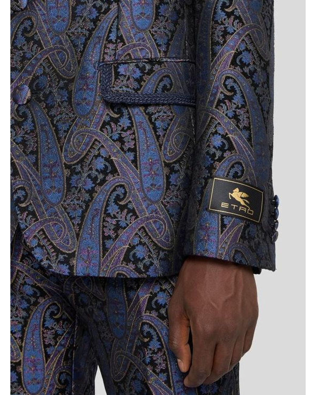 Etro Blue Chenille Jacquard Single-Breasted Jacket With Metallic Paisley Motif for men