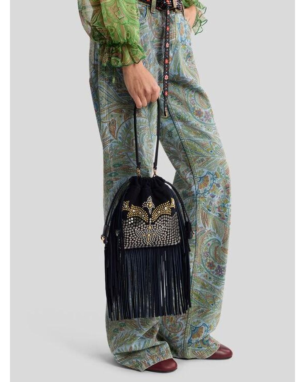 Etro Black Small Suede Kalispera Bag With Studs And Fringes
