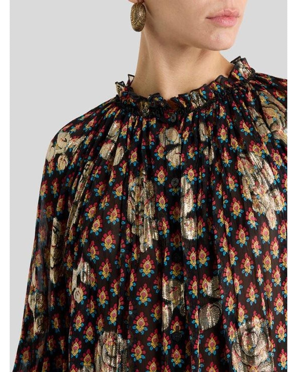 Etro Brown Silk Shirt With Fil Coupé Roses And Tie-Inspired Motif