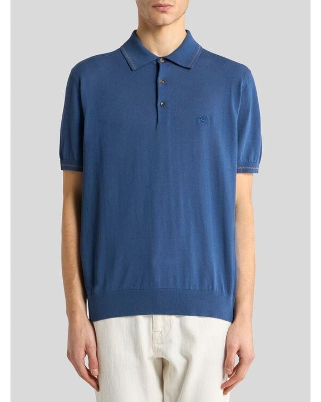 Etro Blue Cotton Polo Shirt With Pegaso for men