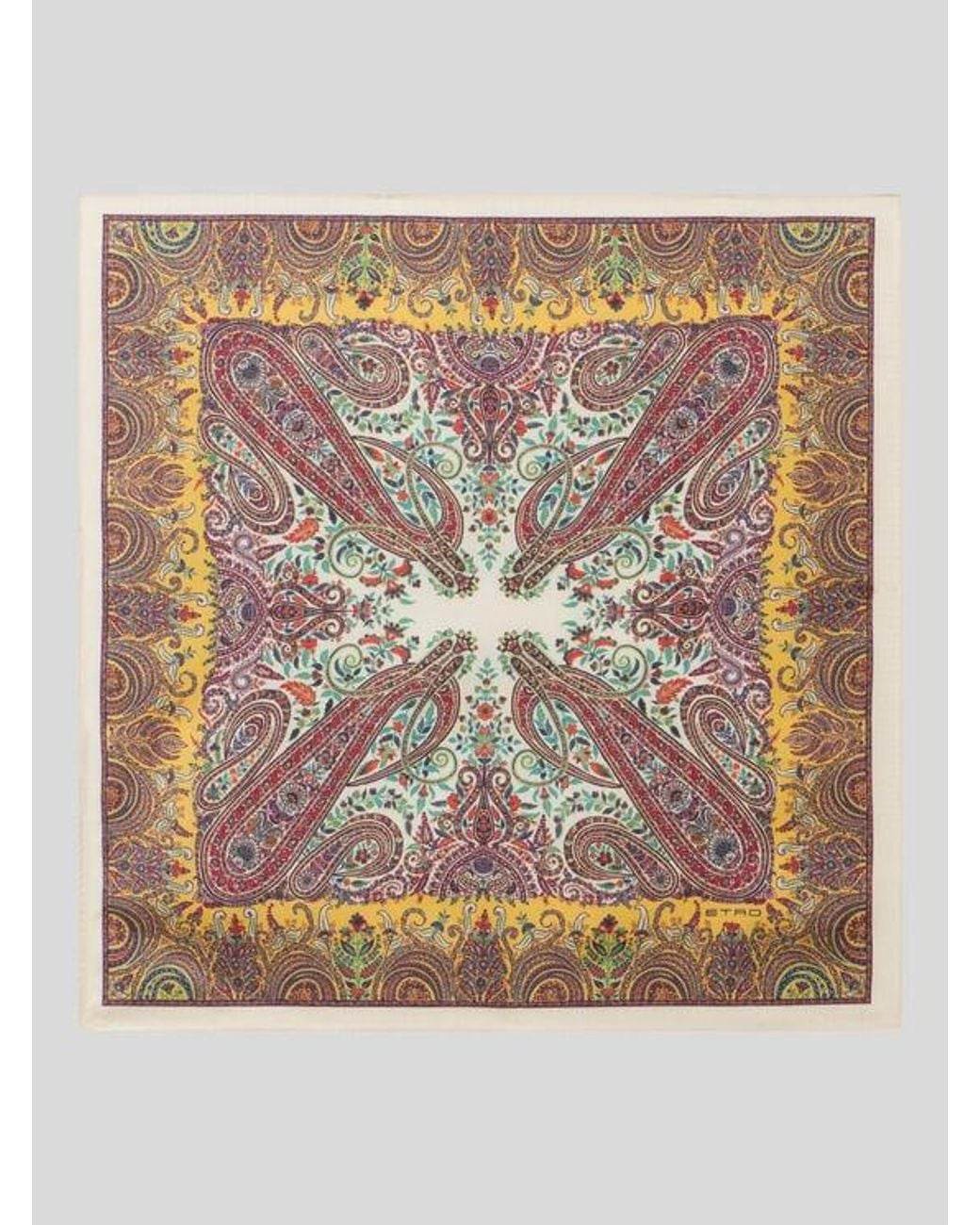 Etro Yellow Silk Pocket Square With Macro Paisleys for men
