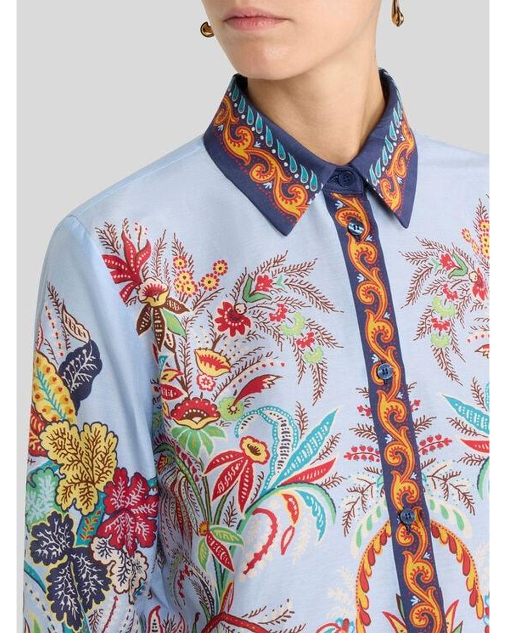 Etro Blue Cotton And Silk Shirt With Placed Paisley Foliage Print