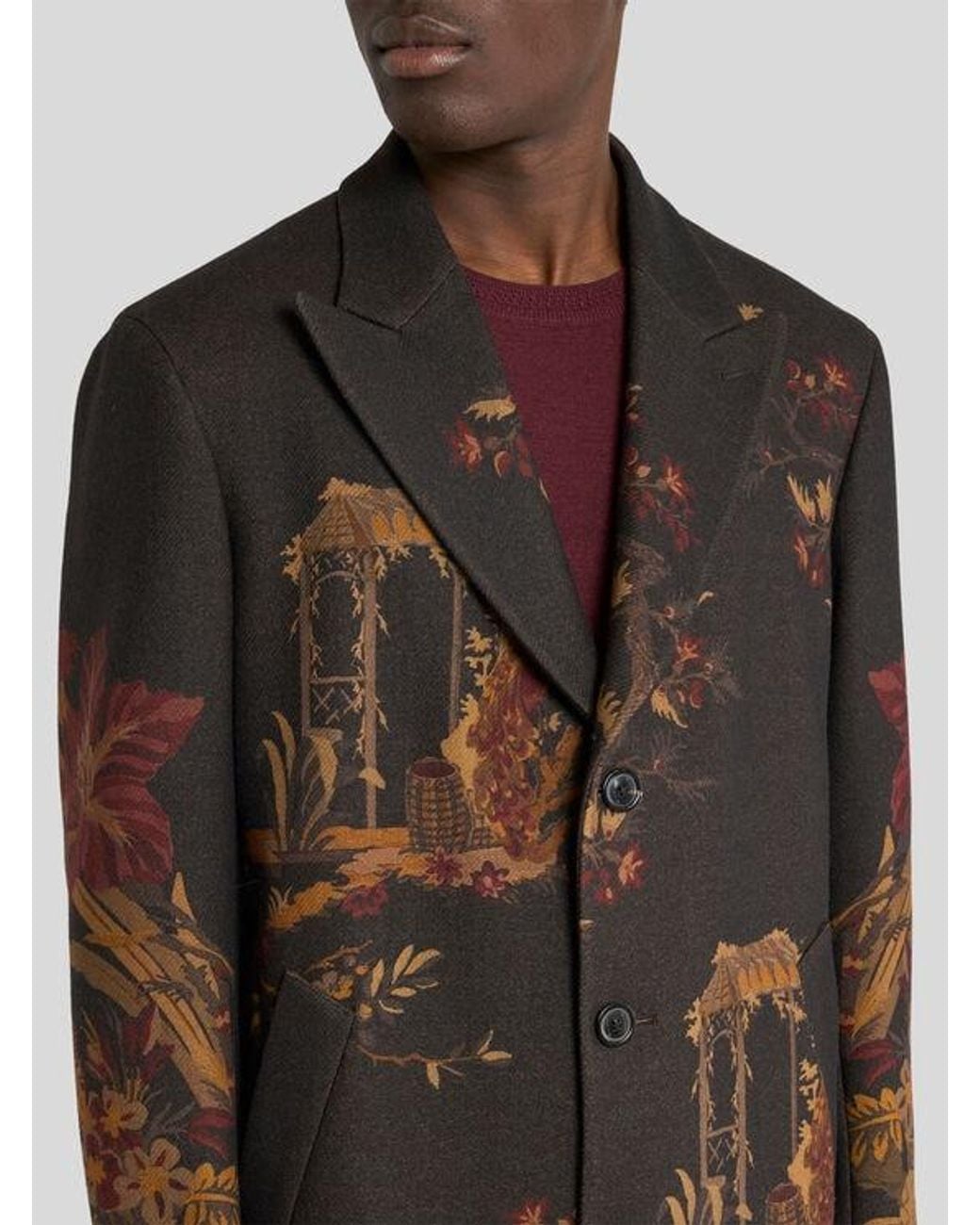 Etro Black Wool-Blend Coat With Placed Flower And Animal Print for men