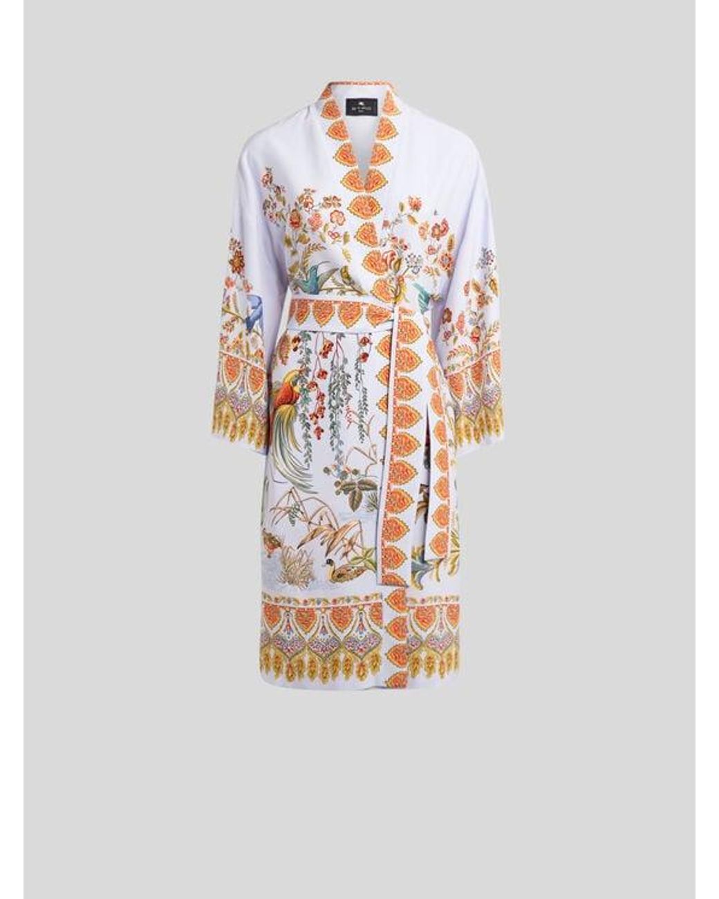 Etro White Silk Kimono With Placed Flora And Fauna Print
