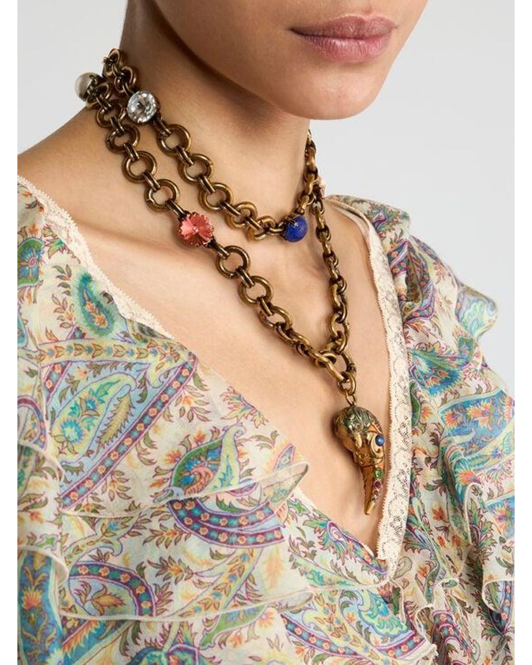 Etro White Necklace With Paisley Parrot And Crystals