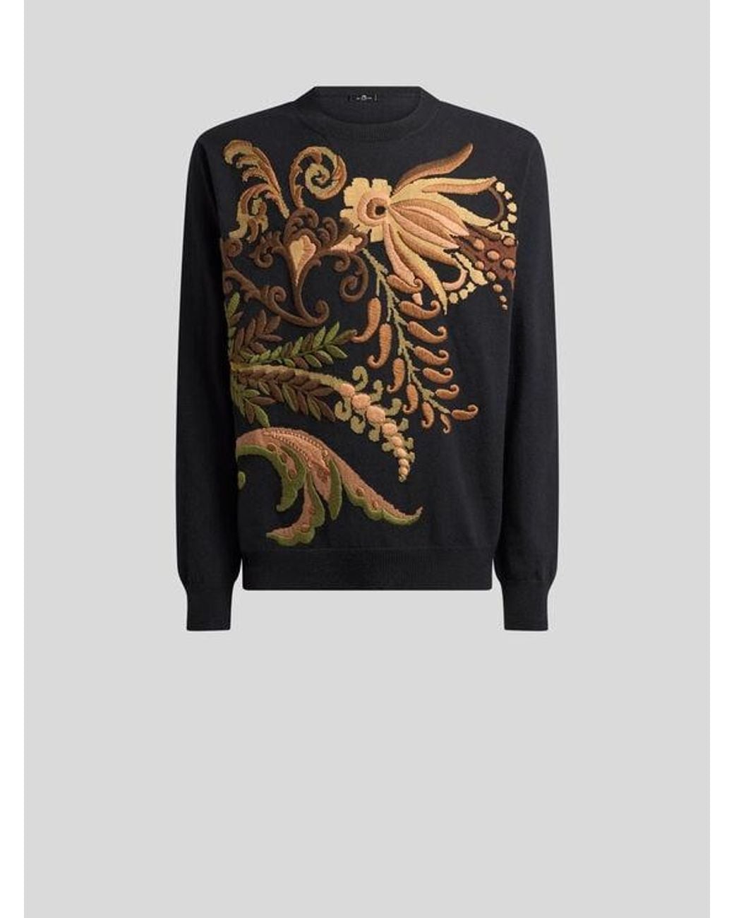 Etro Black Wool Jacquard Sweater With Floral Embroidery for men