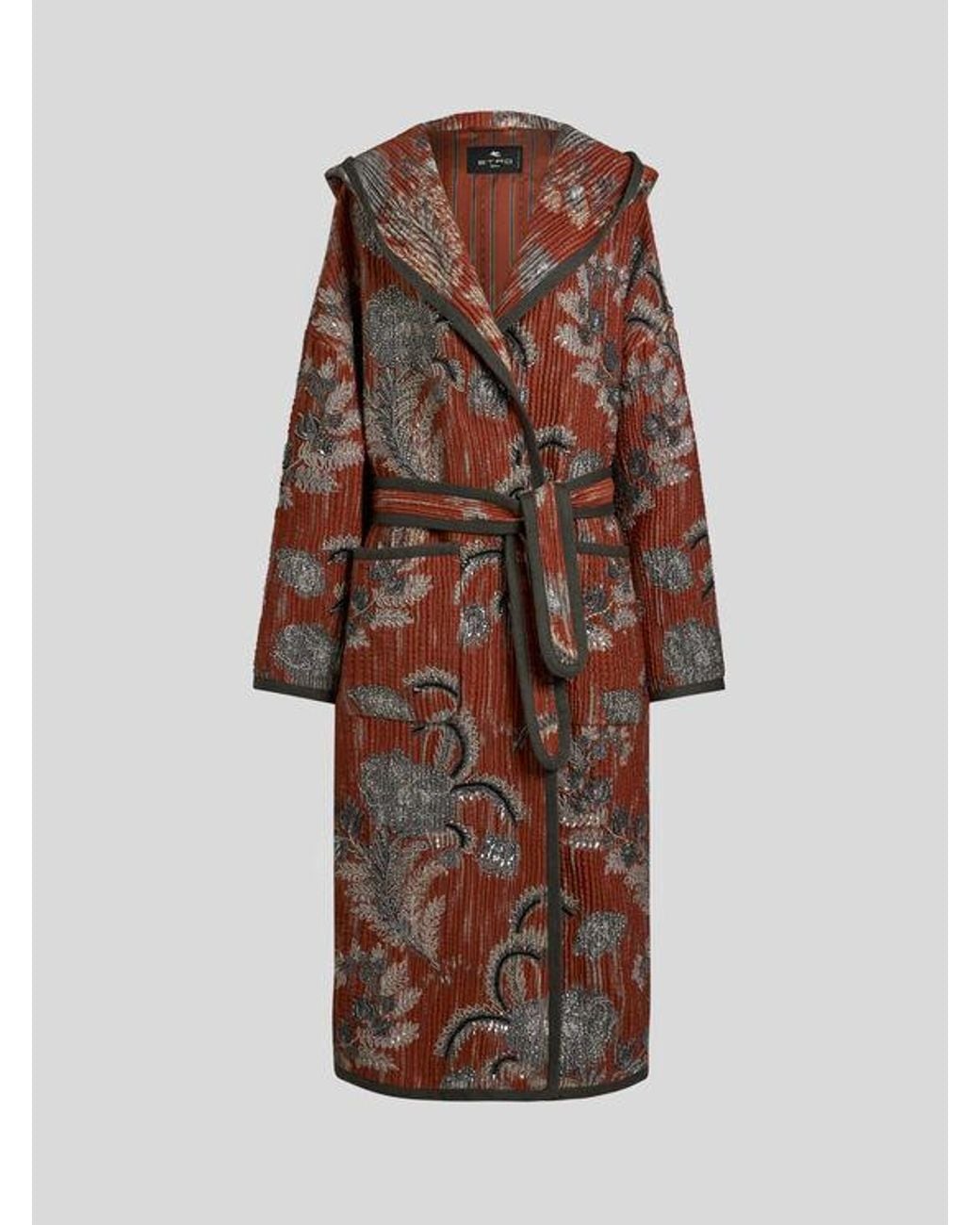 Etro Brown Quilted Jacquard Coat With Embroidery