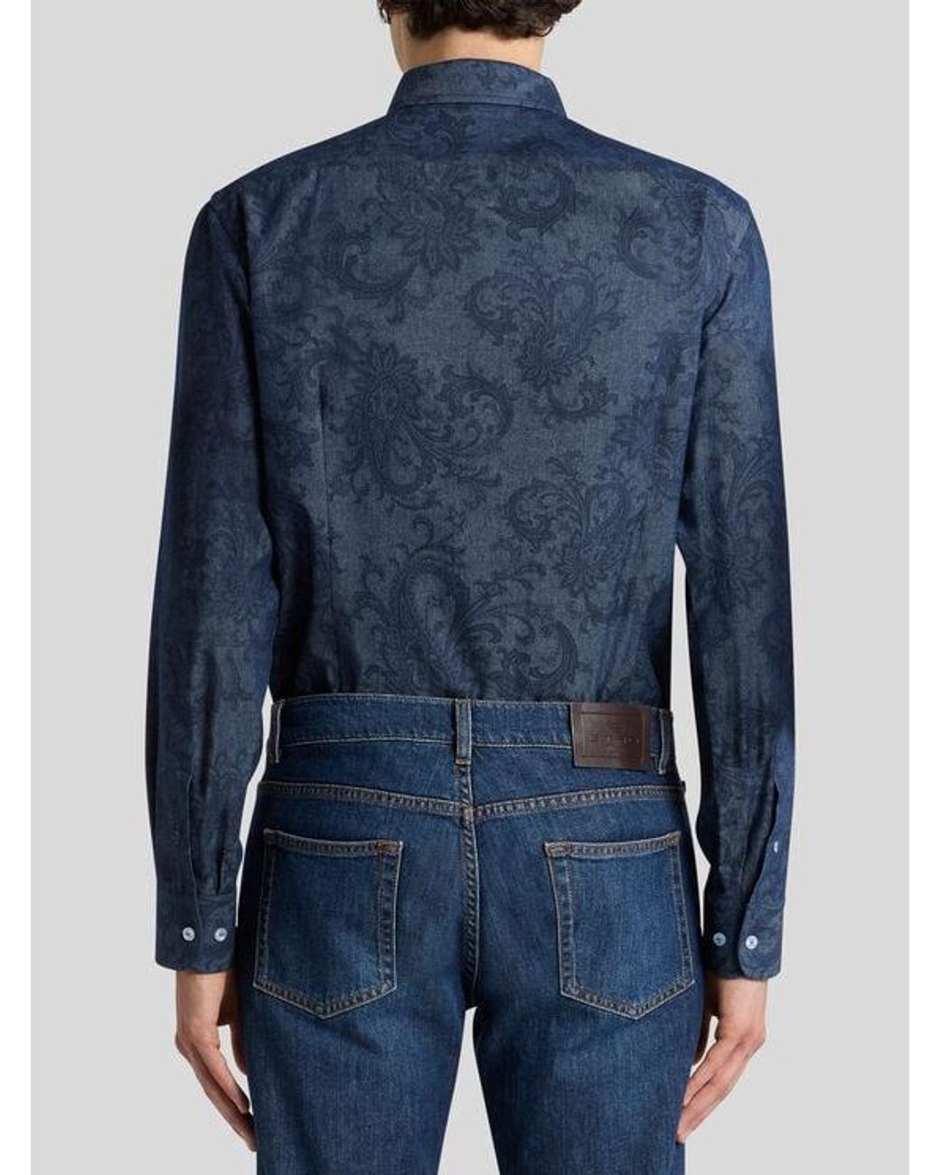 Etro Blue Cotton Denim Shirt With Leafy Paisley Motif And Pegaso for men