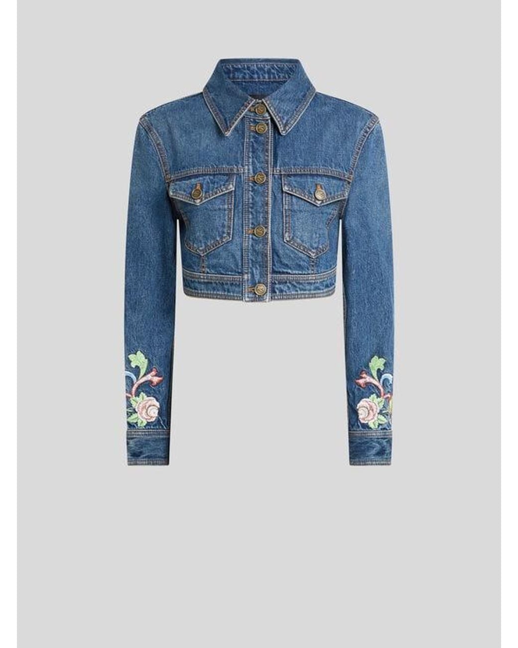 Etro Blue Cropped Denim Jacket With Floral Embroidery