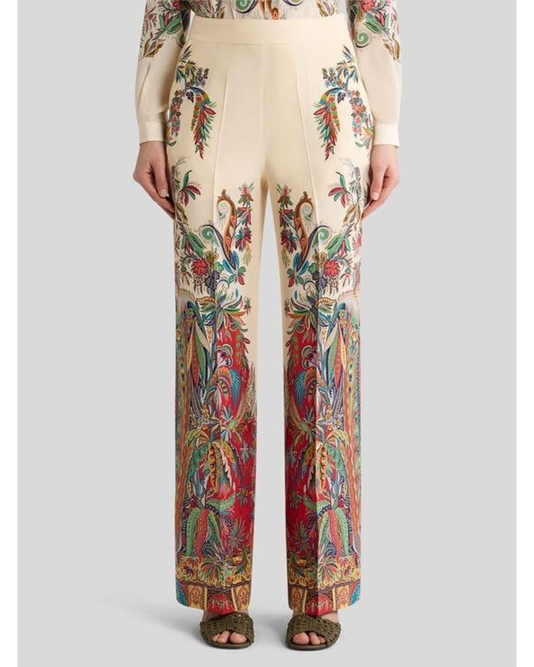 Etro White Silk Trousers With Placed Paisley Foliage Print